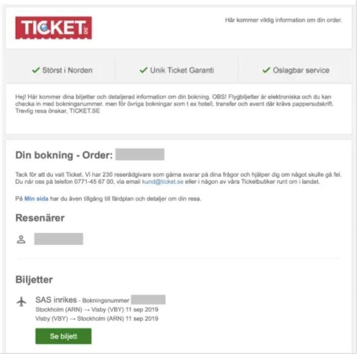 スウェーデン語で予約した航空券に関するメール