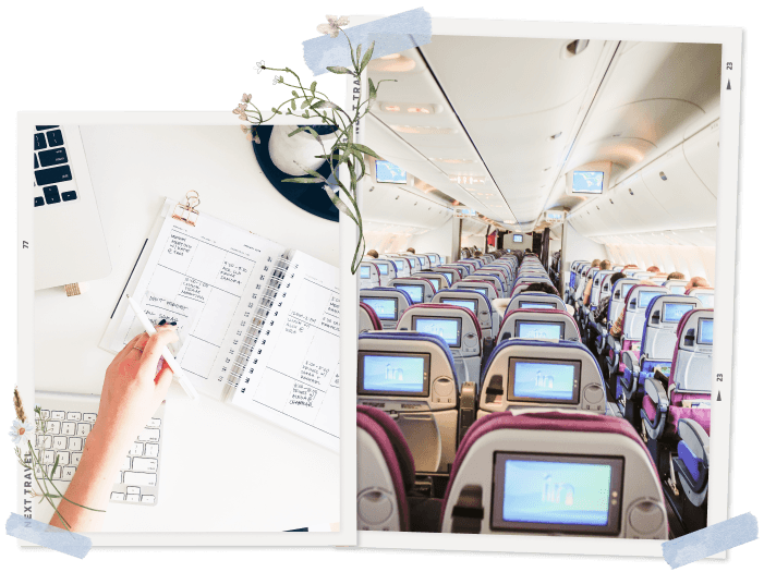 メモを取っている様子と飛行機の中の様子の写真