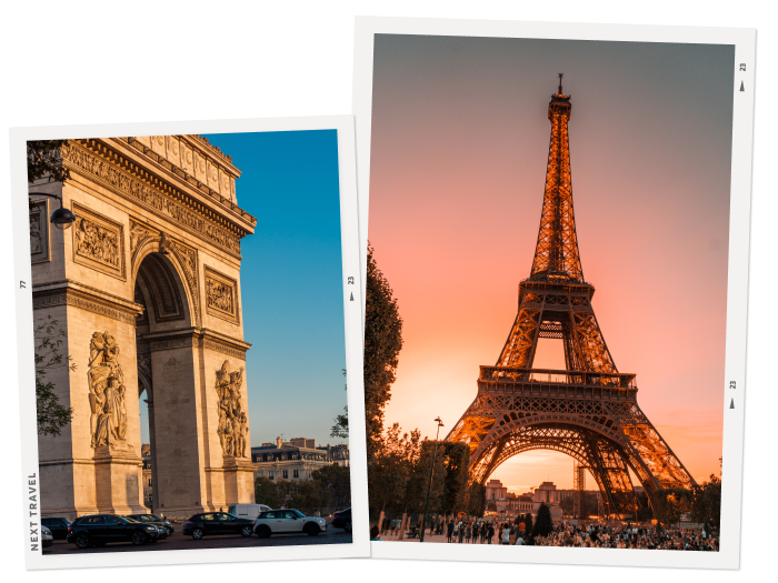 パリのエッフェル塔と凱旋門の夕焼け時