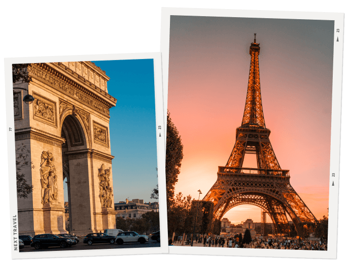 パリのエッフェル塔と凱旋門の夕焼け時