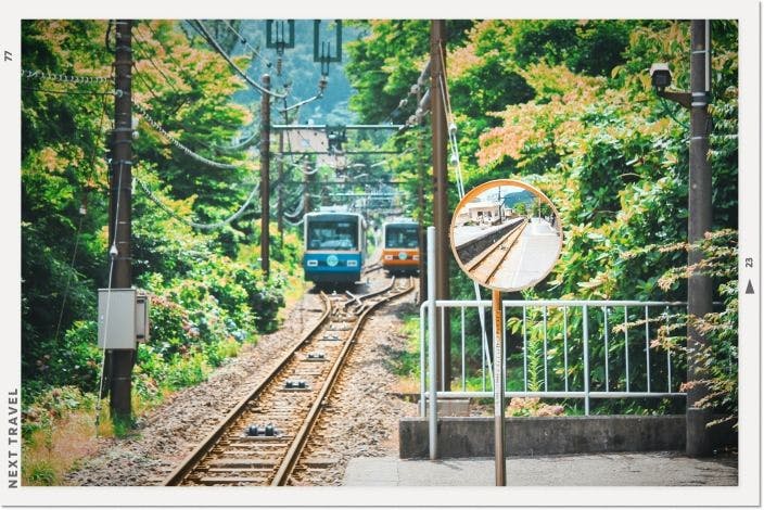 日本で電車が自然の中を走っている様子