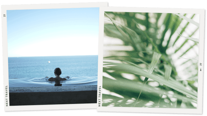 自然に囲まれたプールの中でリラックスしている女性