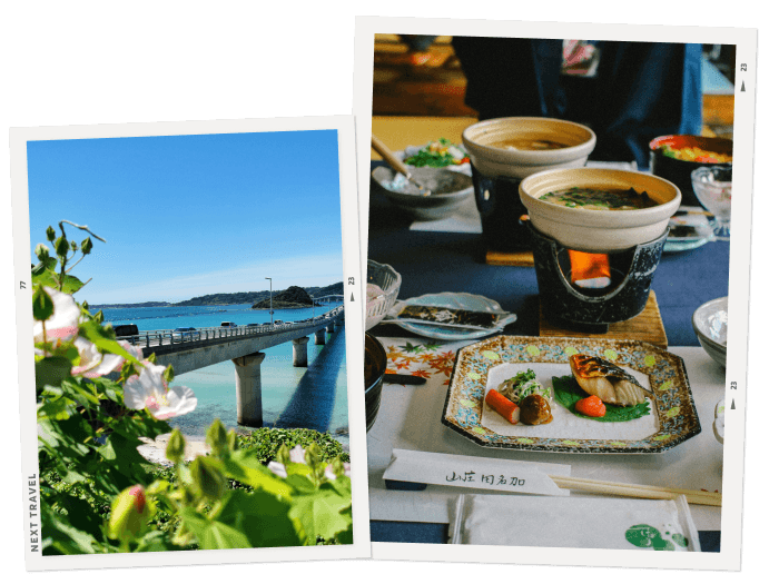 沖縄の海と旅館の朝食の写真