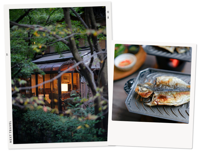温泉宿と朝ご飯の写真