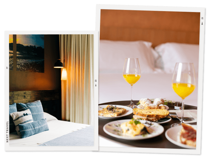 ホテルのベッドとルームサービスで届いた朝食の写真