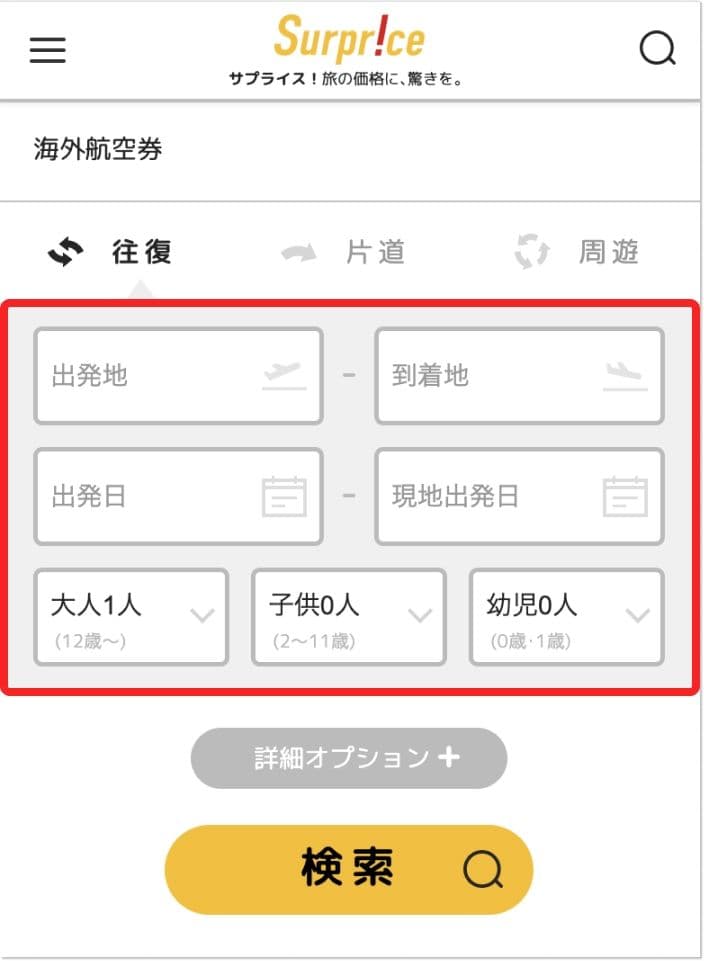 サプライスの航空券検索画面
